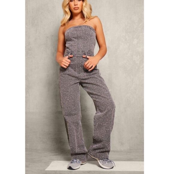 PRETTY LITTLE THING - Grey Strapless Corset Bobble Straight Leg Corset Jumpsuit - Picture 1 of 9